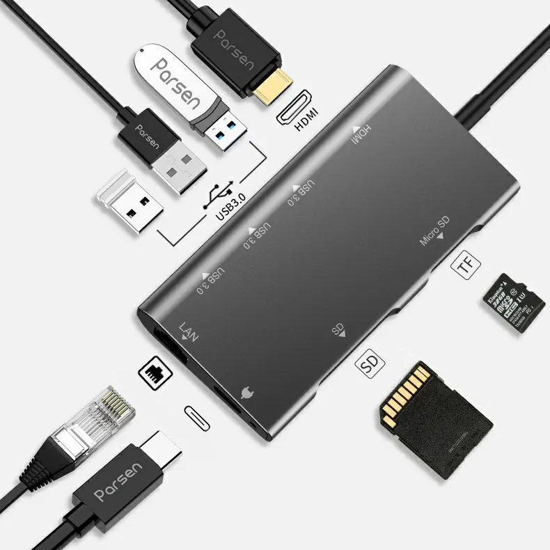 8-in-1 Type C Data HUB, 1 USB-C, 3 USB 3.0, 1 4K-HDMI, 1 RJ-45, 1 PD, 1 SD, 1 TF