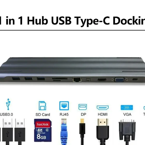 11-in-1 USB 3.1 Type C Data HUB with 3*USB 3.0 4K HD RJ45 VGA Mini DP TF/SD Card Reader Docking Station for Laptop Tablet