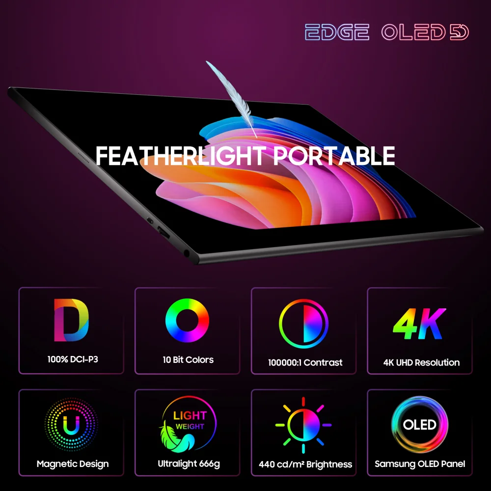 EDGE OLED 5D portable monitor | 4K OLED | Ultralight | Deep Dark Contrast | Full-lamination | Lifelike Colors | Magnetic Design | Optional Wireless