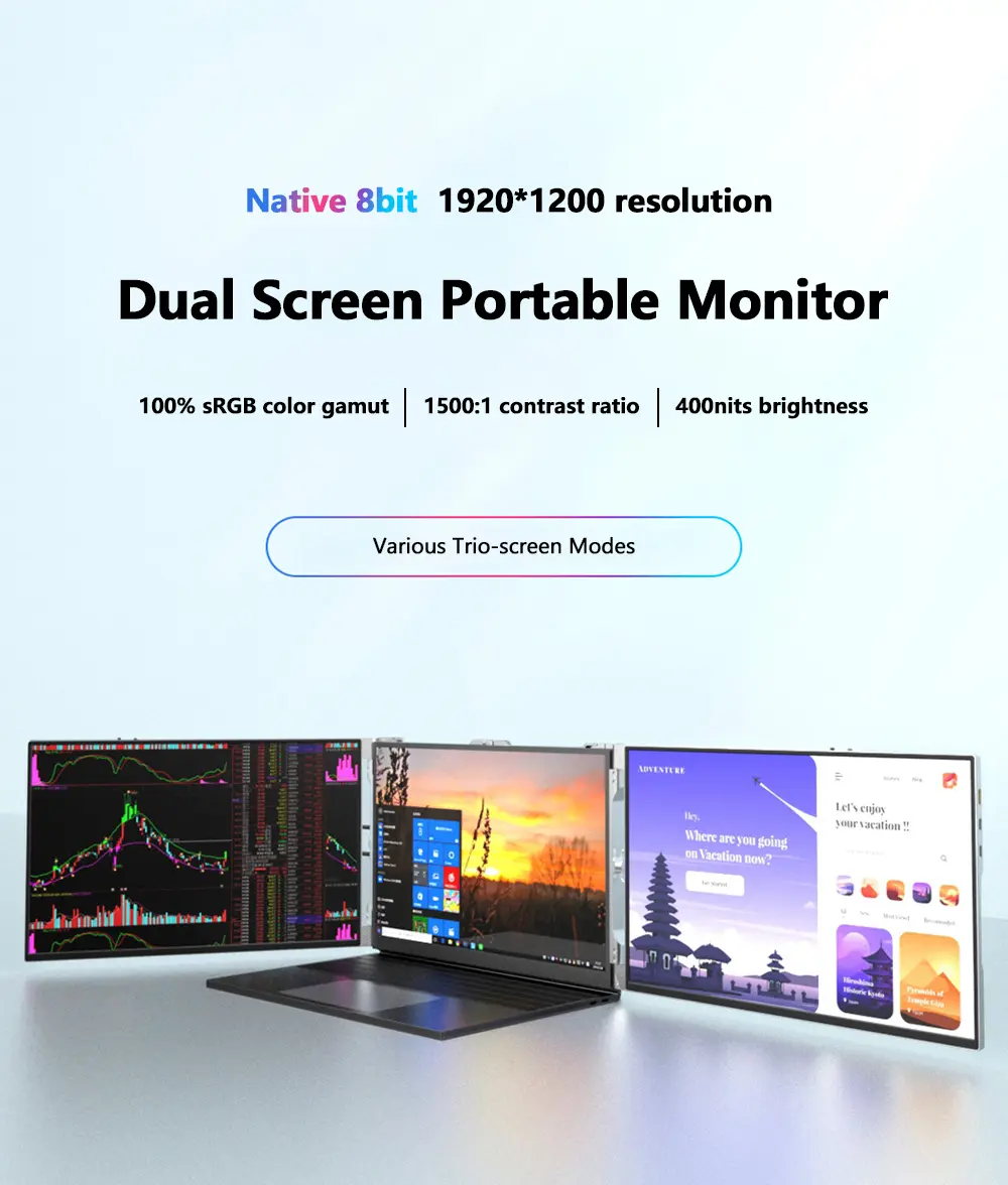 Dual Screen Portable Monitor 14 Inch Portable Monitor TRIPTYCH Portable Monitor Dual Monitor for Laptop Portable Monitor for Gaming USB-C Portable Monitor External Portable Monitor 1080P Portable Monitor Foldable Portable Monitor Mobile Portable Monitor. Looking for a versatile dual-screen portable monitor? Check out the TRIPTYCH 14" with 1920x1200 resolution, Trio-screen modes, laptop extender compatibility, and easy plug-and-play connectivity.